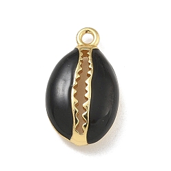 Черный Подвески из латуни с эмалью в стойку, долговечный, без свинца и без кадмия, реальный 18 k позолоченный, формы раковины, чёрные, 15.5x9x4.5 мм, отверстие : 1.2 мм