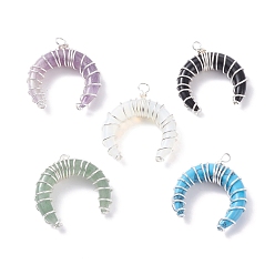 Mixed Stone Natural & Synthetic Gemstone Pendants, with Silver Tone Brass Wire Wrapped, Moon, 35x32.5x9mm, Hole: 3mm