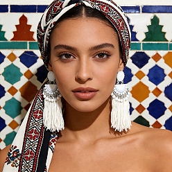 Белый Богемные акриловые серьги-гвоздики, веер с кисточкой, белые, 68x24 мм