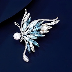 Аквамарин Броши-бабочки из сплава со стразами для одежды рюкзака, с имитацией жемчужина бисера, аквамарин, 62x55 мм