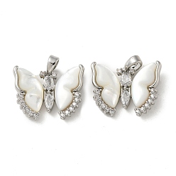 Платина Латунные подвески с фианитами, подвески-бабочки из натуральной белой ракушки, платина, 16x20x4.5 мм, отверстие : 4x2.5 мм