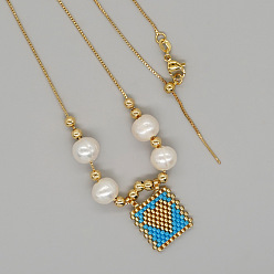 Темно-Голубой Летние стеклянные бусины квадратные с подвеской в виде сердца, ожерелья из натурального жемчуга и латунных бусин для женщин, золотые, глубокое синее небо, 23.62 дюйм (60 см)