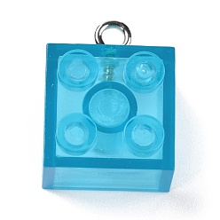 Deep Sky Blue Resin Pendants, with Platinum Iron Loop, Toy Bricks, Deep Sky Blue, 21x15.5x11mm, Hole: 2.6mm