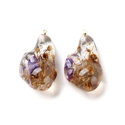 Перу Подвески из прозрачной смолы с сухоцветами, с латунной найти, Перу, 37.5x22.5x16 мм, отверстие : 1.6 мм