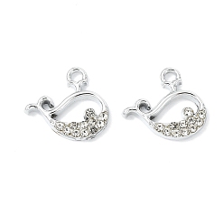 Whale Подвески из сплава с кристаллами и стразами и анималистическим рисунком, платина, очарование кита, 14x15.5x2.5 мм, отверстие : 1.6 мм