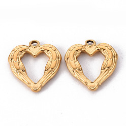 Золотой 304 подвески из нержавеющей стали, перо сердце, золотые, 22x21x3 мм, отверстие : 1.6 мм