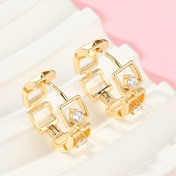 Настоящее золото 18K Серьги-кольца из латуни с прозрачным кубическим цирконием, квадратный, реальный 18 k позолоченный, 14x5x15.5 мм