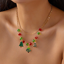 Рождественская елка Рождественские подвески-колье из сплава эмали, стразов и стекла, золотые, красный и зеленый, рождественская елка, 14.96 дюйм (38 см), Кулон : 23 мм