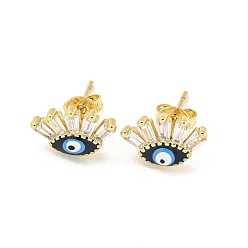 Dark Blue Evil Eye Golden Brass Stud Earrings, with Enamel and Clear Cubic Zirconia, Dark Blue, 7.5x11.5mm