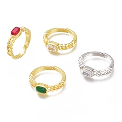 Mixed Color Adjustable Brass Micro Pave Cubic Zirconia Cuff Rings, Open Rings, Long-Lasting Plated, Rectangle, Mixed Color, US Size 6(16.5mm)