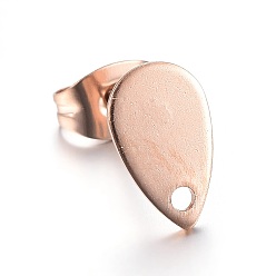 Розовое Золото Ионное покрытие (ip) 304 детали серьги-гвоздики из нержавеющей стали, с плоской пластиной, слеза, розовое золото , 10x6x0.6 мм, отверстие : 1.2 мм, штифты : 0.7 мм