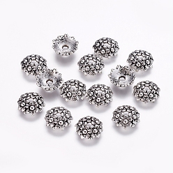 Античное Серебро Тибетском стиле сплав шарик крышки, без свинца и без кадмия, цветок, античное серебро, 11x3.5 мм, отверстие : 2 мм