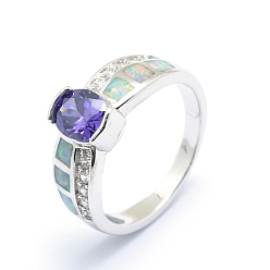 Platin Farbe Zirkonia Fingerringe, mit synthetischen Opal- und Messingbefunden, langlebig überzogen, ellipsenförmige, Größe 7, mauve, Platin Farbe, 17.5 mm