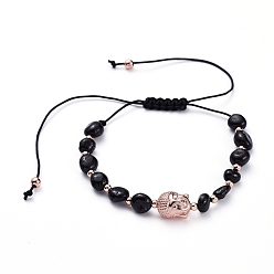 Tourmaline Adjustable Nylon Thread Braided Bead Bracelets, with Natural Black Tourmaline Beads and Brass Beads, Buddha Head, Inner Diameter: 1-3/4 inch~3-3/4 inch(4.5~9.5cm)