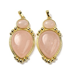 Розовый Кварц Природного розового кварца подвески, Подвески-капли со стойкой, фурнитура из латуни золотистого цвета, без кадмия и без свинца, 43.5x22x7.8 мм, отверстие : 3.2x5.3 мм