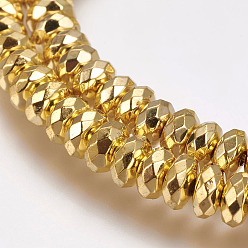 Golden Plated Non-Magnetic Synthetic Hematite Bead Strands, Flat Round, Faceted, Golden Plated, 6x3mm, Hole: 1mm, about 130pcs/strand, 15.7 inch(40cm)