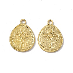 Golden PVD Vacuum Plating 304 Stainless Steel Pendants, Teardrop with Cross Pattern Charms, Golden, 23x17x1.5mm, Hole: 2.2mm