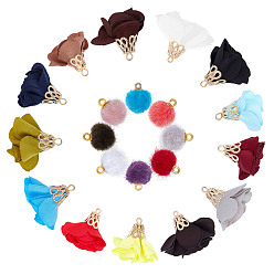 Mixed Color Handmade Cloth Pendant Decorations, with Alloy Findings, Faux Mink Fur Covered Pendants, with Brass Loops, Round & Flower, Mixed Color, 30pcs/shape, 60pcs/set