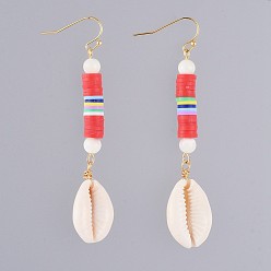 Red Dangle Earrings, with Polymer Clay Heishi Beads, Natural Spiral Shell Round Beads, Cowrie Shell Beads and Real 18K Gold Plated Brass Earring Hooks, Red, 75mm, Pin: 0.7mm
