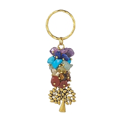 Tree of Life Chakra Natural Gemstone Chip Pendant Keychain, with Iron Findings and Alloy Pendants, Tree of Life Pattern, 8.5cm, Pendant: 28x23.5x1.5mm