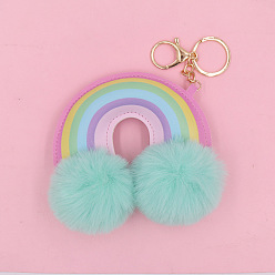 Aquamarine PU Leather Rainbow & Imitation Rabbit Fur Keychain, Big Pendant Decoration, Aquamarine, 20.5cm