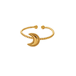 Moon 304 Stainless Steel Cuff Open Rings for Women, Golden, Moon, Inner Diameter: 15~20mm