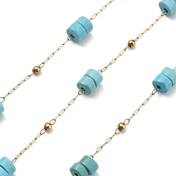 Синтетическая Бирюза Ионное покрытие (ip) 304 цепи из нержавеющей стали, с синтетическими бирюзовыми бусинами, реальный 18 k позолоченный, пайки, с катушкой, полированный, 4x2 мм, около 32.81 футов (10 м) / рулон