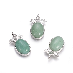 Green Aventurine Natural Green Aventurine Pendants, with Platinum Tone Brass Findings, Pineapple, 29x17.5x7mm, Hole: 4.5x3.5mm