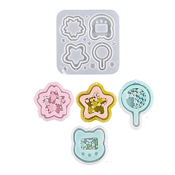 White DIY Sakura & Cat's Head & Star & Lollipop Shaped Pendant Food-grade Silicone Molds, Quicksand Molds, Resin Casting Molds, For UV Resin, Epoxy Resin Craft Making, White, 140x135x10mm, Hole: 1.5mm, Inner Diameter: 7~62x3~57mm