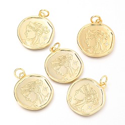Настоящее золото 18K Латунные микропаве прозрачные кубические циркониевые подвески, плоские круглые с женщиной, реальный 18 k позолоченный, 28x24.8x1.6 мм, отверстие : 5 мм