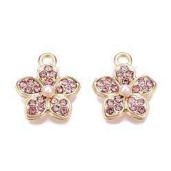 Розовый Подвески из сплава с покрытием стойки и стразами, с абс пластмассовой имитационной жемчужиной, цветок, светло-розовый, 17.5x15x3.5 мм, отверстие : 2 мм