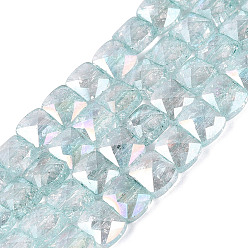Light Cyan Electroplate Transparent Crackle Glass Beads Strands, Rectangle, Dyed, AB Color Plated, Faceted, Light Cyan, 7x8x5mm, Hole: 1~1.2mm, about 24~27pcs/strand, 6.50~7.28 inch(16.5~18.5cm)