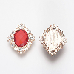 Red Alloy Rhinestone Flat Back Cabochons, with Acrylic Rhinestone, Oval, Light Gold, Red, 32x25x4.5mm