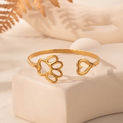 Золотой 304 женские браслеты-манжеты из нержавеющей стали, отпечаток кошачьей лапки и сердце, золотые, внутренний диаметр: 2x2-3/8 дюйм (5x6 см)