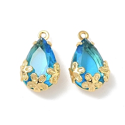 Небесно-голубой Латунь стекло амулеты, подвески в виде цветов и слезинок, без никеля , реальный 18 k позолоченный, граненые, голубой, 15x9.5x5.5 мм, отверстие : 1 мм
