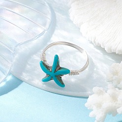 Темно-бирюзовый Синтетический бирюзовые перстни, морская звезда, женское кольцо из медной проволоки, темные бирюзовый, ширина: 1.5 мм, звезды: 14x14 мм, внутренний диаметр: американский размер 8 3/4 (18.7 мм)
