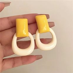 White Brass Resin Stud Earrings for Women, Rectangle, White, 46.5mm