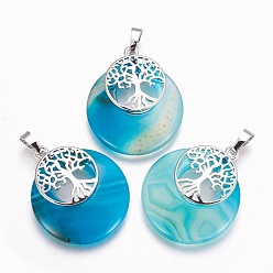 Натуральный Агат Природные подвески агат, с латунной фурнитурой платинового цвета, плоские круглые с дерева жизни, окрашенные, 32.5~33x27.5~28x5~6 мм, отверстие : 5x7 мм
