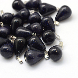 Синий Драгоценный Камень Падение синтетических синих GOLDSTONE подвески, с латунной фурнитурой платинового цвета, 21~24x12~14 мм, отверстие : 4x7 мм