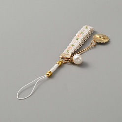 White Alloy Enamel Mobile Straps Pearl Flower Lanyard Wrist, for Women Girl Mobile Accessories, White, 14.2cm, Flower: 21x18.5x2.5mm, Bead: 16.5x11mm