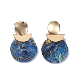 Colorful Cellulose Acetate(Resin) Dangle Stud Earrings, with Real 18K Gold Plated Brass Stud Earring Findings, Brass & Plastic Ear Nuts and Cardboard Boxes, Flat Round, Colorful, 46mm, Pin: 0.7mm