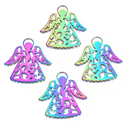 Rainbow Color Ионное покрытие (ip) 201 подвески из нержавеющей стали, ангел, Радуга цветов, 40x39x1 мм, отверстие : 3x6.5 мм
