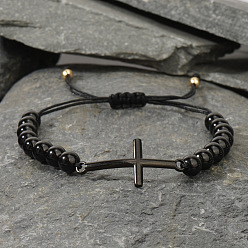 Black Onyx Браслеты из круглых бусин из натурального черного оникса, браслеты с подвесками крест для мужчин