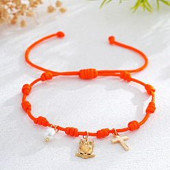 Красный Браслеты с подвесками из латуни и искусственного жемчуга, Браслеты из полиэстеровой нити, сплетенные для женщин, сова и крест и круг, золотые, красные