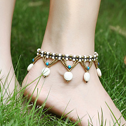 Белый Женские браслеты на ногу из богемской латуни с крашеной синтетической бирюзой, плоскими круглыми бусинами и кисточками, белые, 9-1/2 дюйм (240 мм)