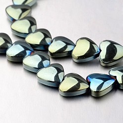 Зеленое Покрытие Гальванизировать немагнитных синтетический гематит нитей бисера, сердце, зеленый покрытием, 8x8x3 мм, отверстие : 0.7 мм, около 55 шт / нитка, 15.7 дюйм