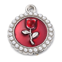 Платина Стойки обшивки сплава эмали подвески, с абс пластмассовой имитационной жемчужиной, без кадмия, без никеля и без свинца, плоский круглый с подвеской в виде розы, платина, 19x16.5x3.5 мм, отверстие : 1.8 мм