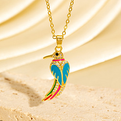 Deep Sky Blue Brass Micro Pave Clear Cubic Zirconia Bird Pendant Necklaces with Enamel, Golden, Deep Sky Blue, 15.75 inch(40cm)