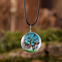 Темно-бирюзовый Плоские круглые стеклянные ожерелья с подвеской в виде сухоцвета и дерева внутри, черные вощеные шнуры, темные бирюзовый, 17.52 дюйм (44.5 см)