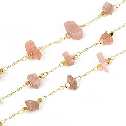 Солнечный Камень Латунные кабельные цепи, с натуральным солнечным камнем, пайки, с катушкой, долговечный, золотые, 1~8x3~17x1~8 мм, около 32.81 футов (10 м) / рулон